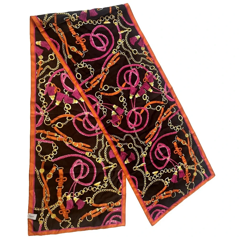 100% Silk Scarf Long Retangular Equestrian Themed Belt Chain Tassel Print